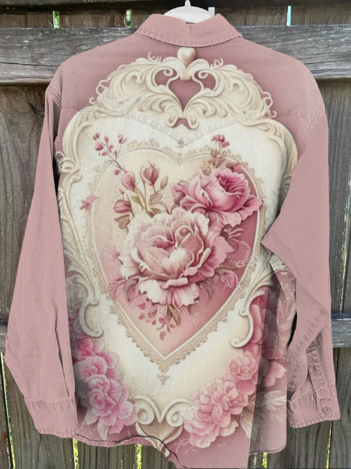 Unisex Pink Vintage Floral Print Casual Shirt