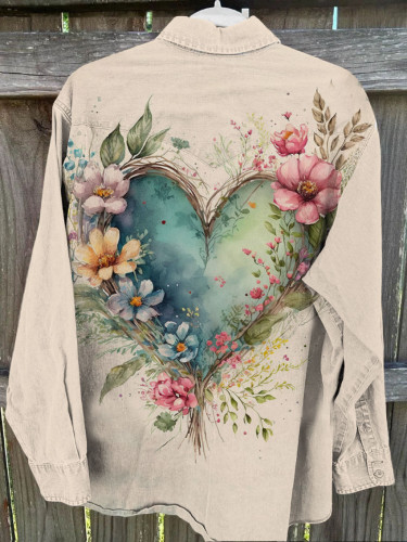Unisex Vintage Love Floral Print Casual Shirt