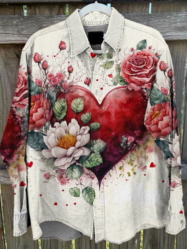 Unisex Retro Chic Floral Heart Print Casual Shirt