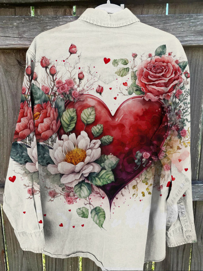 Unisex Retro Chic Floral Heart Print Casual Shirt