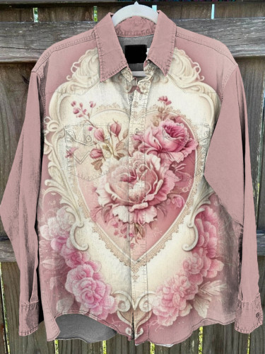 Unisex Pink Vintage Floral Print Casual Shirt