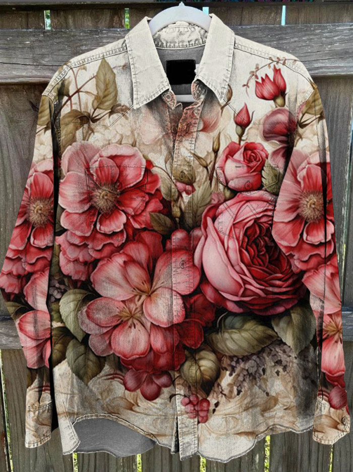 Unisex Retro Chic Floral Print Casual Shirt