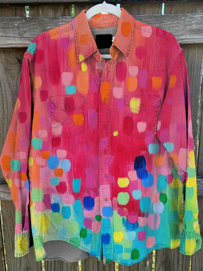 Unisex Floral Bright Artistic Color Block Print Casual Shirt