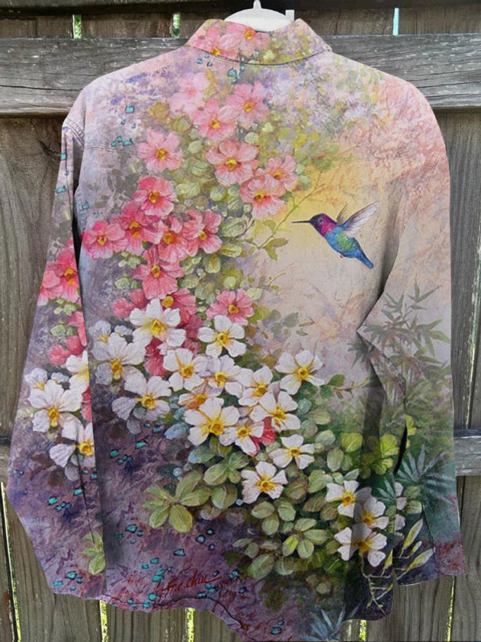 Unisex Floral Hummingbird Print Casual Shirt