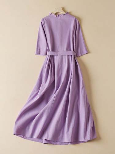 Vintage Cotton Linen Mid Sleeve Waist Slim Dress