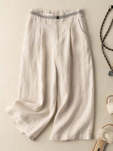 Cotton Linen Embroidered Semi-elastic Waist Wide-leg Pants