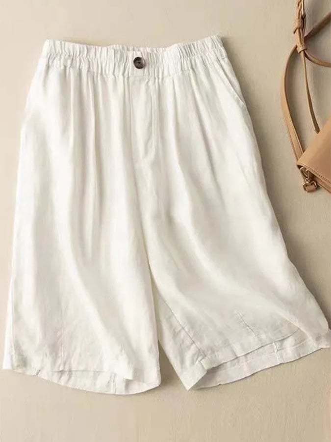 Loose Casual Cotton Linen Button Wide Leg Quarter Shorts