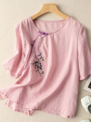 Retro Embroidery Cotton Diagonal Flap Button Shirt