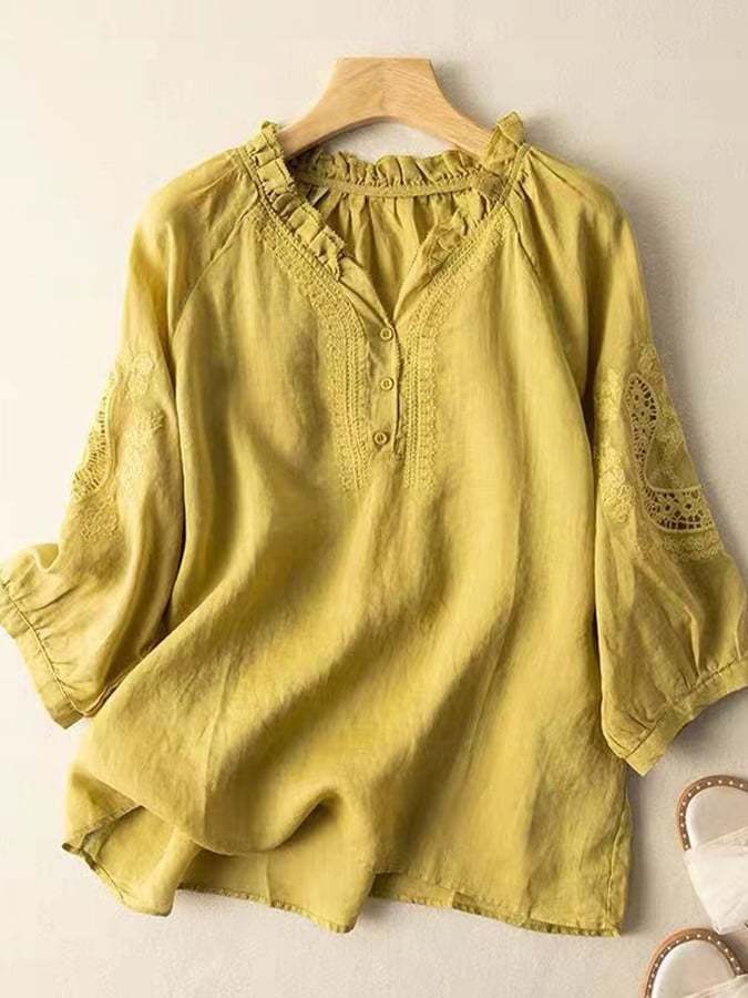 Women'S V-Neck Literary Retro Loose Embroidered Lace Hollow Shirt