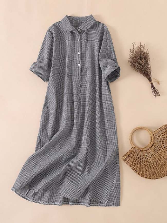 Cotton And Linen Plaid Retro Casual Loose Polo Neck Dress