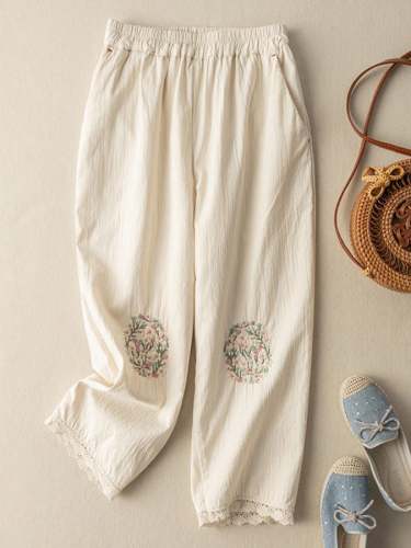 Cotton And Linen Floral-embroidered Lace-paneled Track Pants