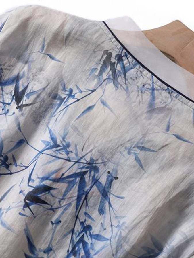 Paneled Color-Block Print Pocket Cotton And Linen Dress