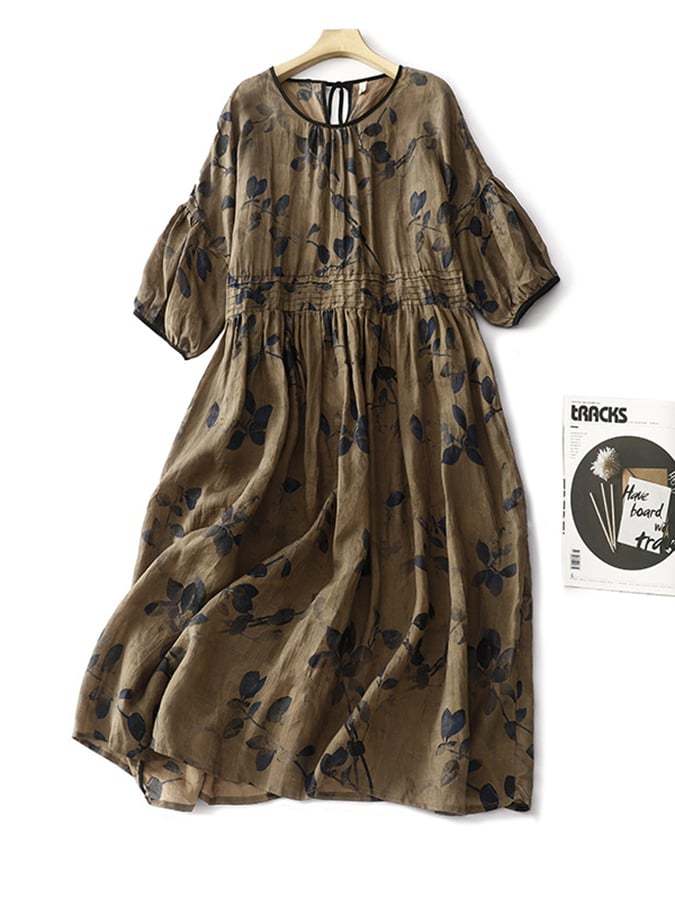 Vintage Printed Pleated Round Neck Midi Dress