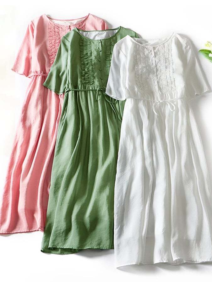 Double Layered Lace Up Waist Up Cotton Linen Middle Sleeve Dress