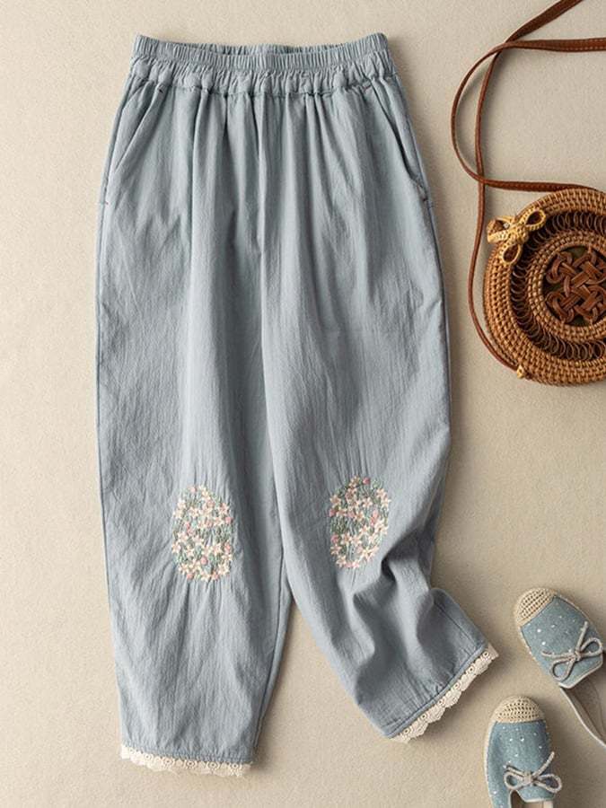 Cotton And Linen Floral-embroidered Lace-paneled Track Pants