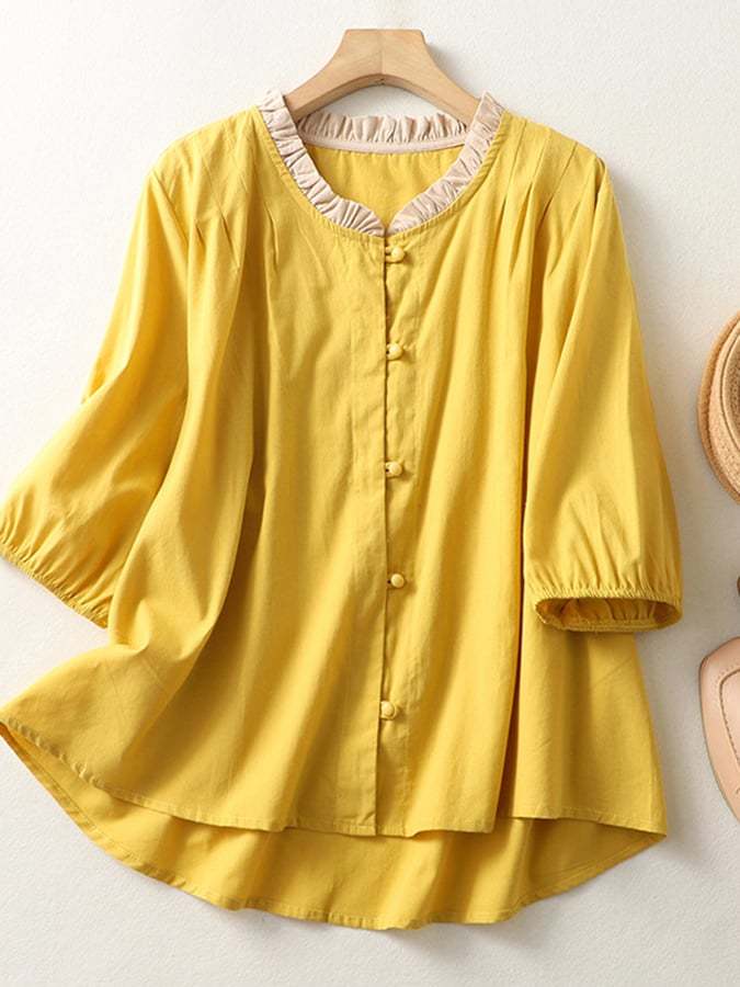 Lace Round Neck Loose Cotton Linen Shirt