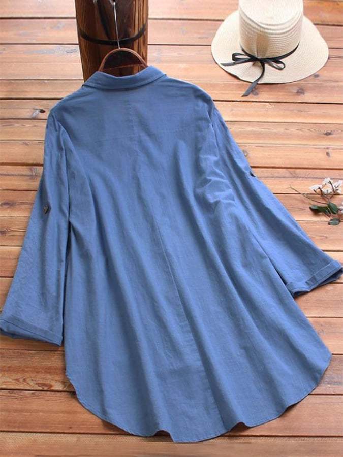 Cotton And Linen Irregular Printed Long-sleeved Lapel Shirt