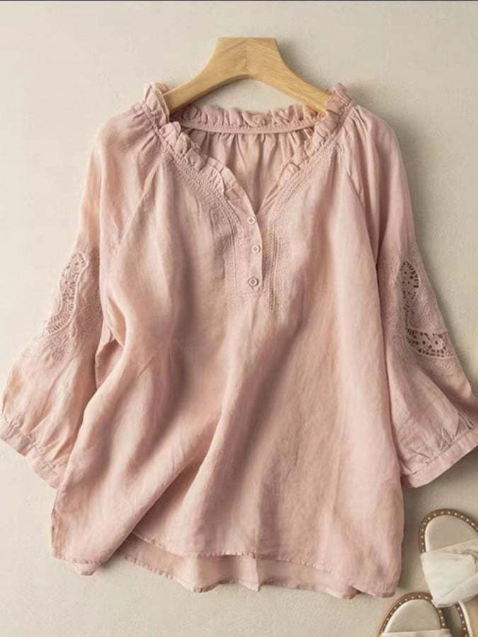 Women'S V-Neck Literary Retro Loose Embroidered Lace Hollow Shirt
