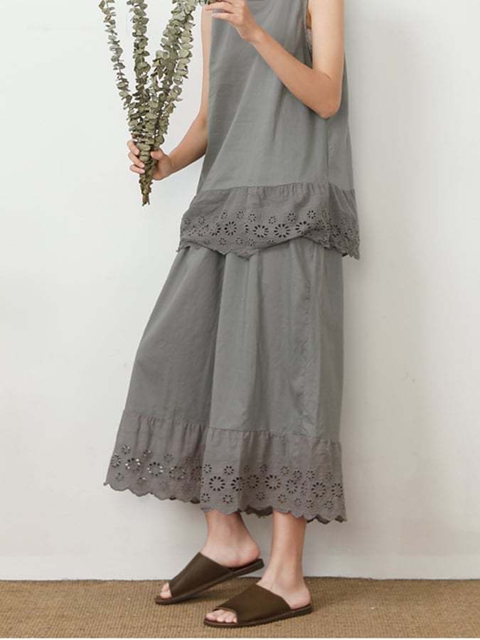 Cotton And Linen Embroidered Floral Hollow Stitching Elegant Commuter Wide-leg Pants