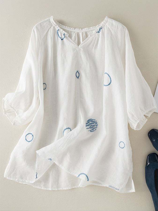 Cotton Linen Fine Embroidery V-neck Casual Top