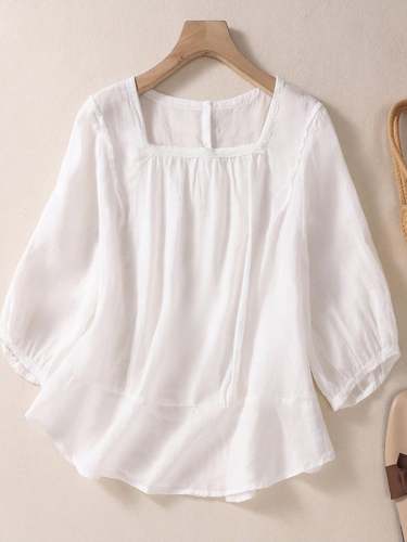 Cotton Linen Square Neck Loose Pullover Shirt