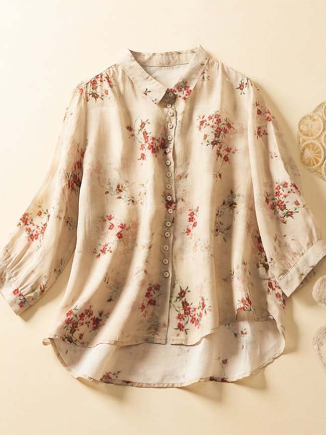 Cotton And Linen Printed Lapel 3/4 Sleeve Loose Shirt