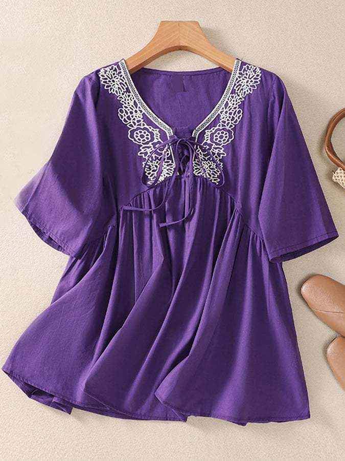 Trendy Embroidered Short Sleeve Cotton Linen Shirt