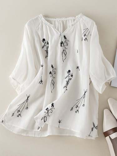Cotton Linen Fine Embroidery V-neck Casual Top