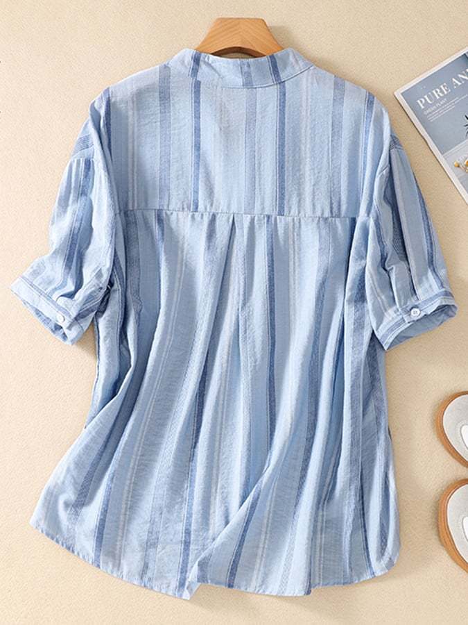 Cotton And Linen Print Striped Casual Top