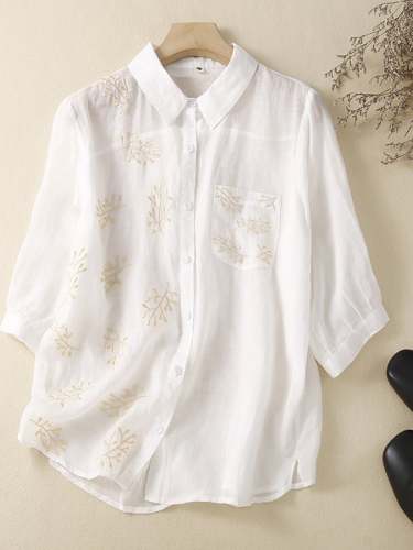 Loose Casual All-Match Embroidered Cotton Linen Shirt