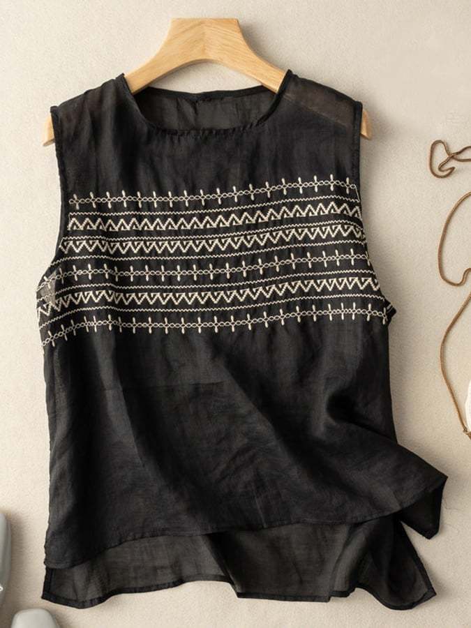 Retro Loose Sleeveless Embroidered Tank Top