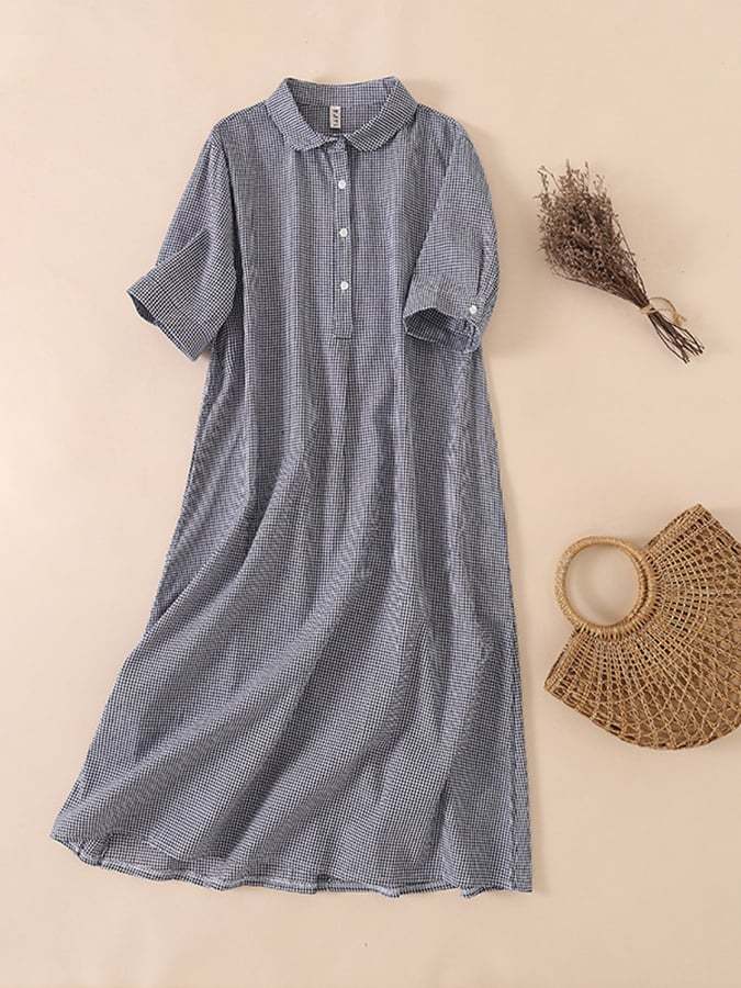 Cotton And Linen Plaid Retro Casual Loose Polo Neck Dress