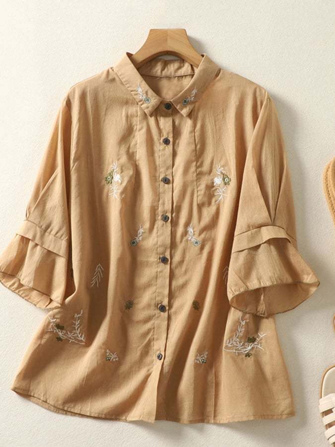 Ruffle Sleeve Art Retro Loose Embroidered Shirt