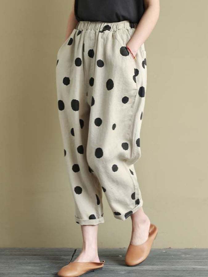 Retro Polka Dot Printed Cotton And Linen Casual Loose Cropped Pants