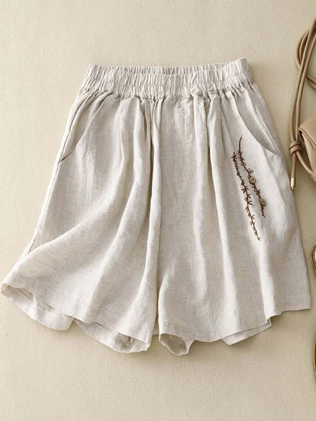 Elastic Waist Casual Embroidered Shorts