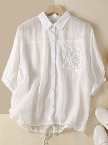 Cotton Linen Hem Drawstring Pocket Casual Shirt