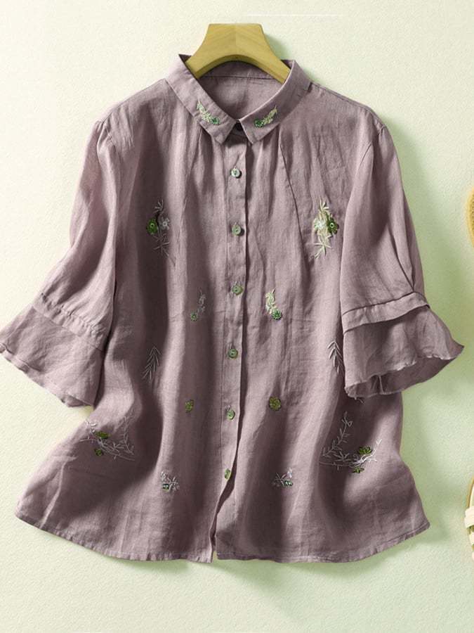 Ruffle Sleeve Art Retro Loose Embroidered Shirt