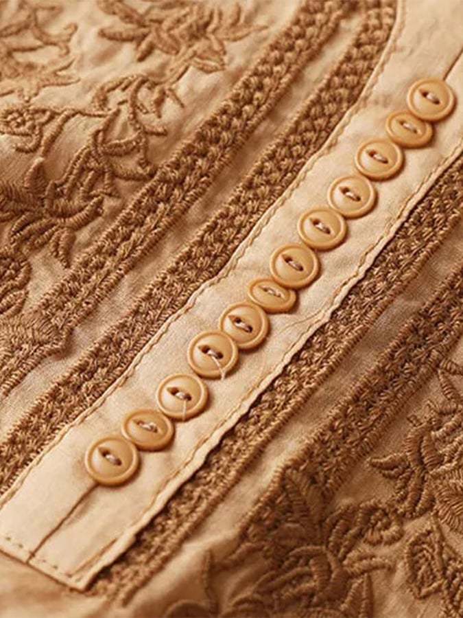Cotton Linen Fine Embroidery V-neck Casual Top