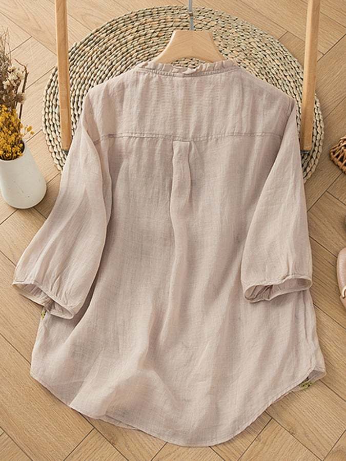 Solid Color Embroidered Button Casual Top