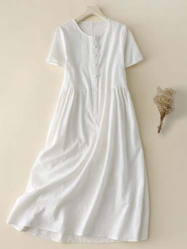 Ethnic Style Jacquard Retro Button Loose Cotton Linen Dress