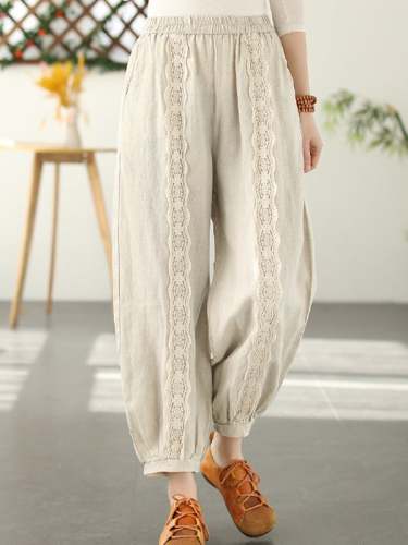 Cotton Linen Lace Stitching Elastic Waist Slim Casual Pants