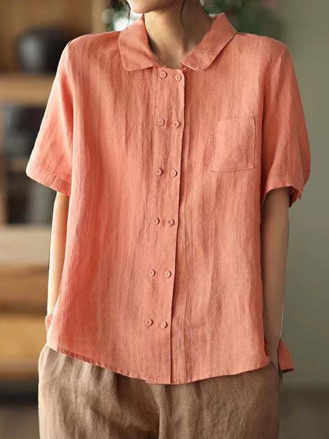 Solid Color Loose Doll Collar Casual Cotton Linen Shirt