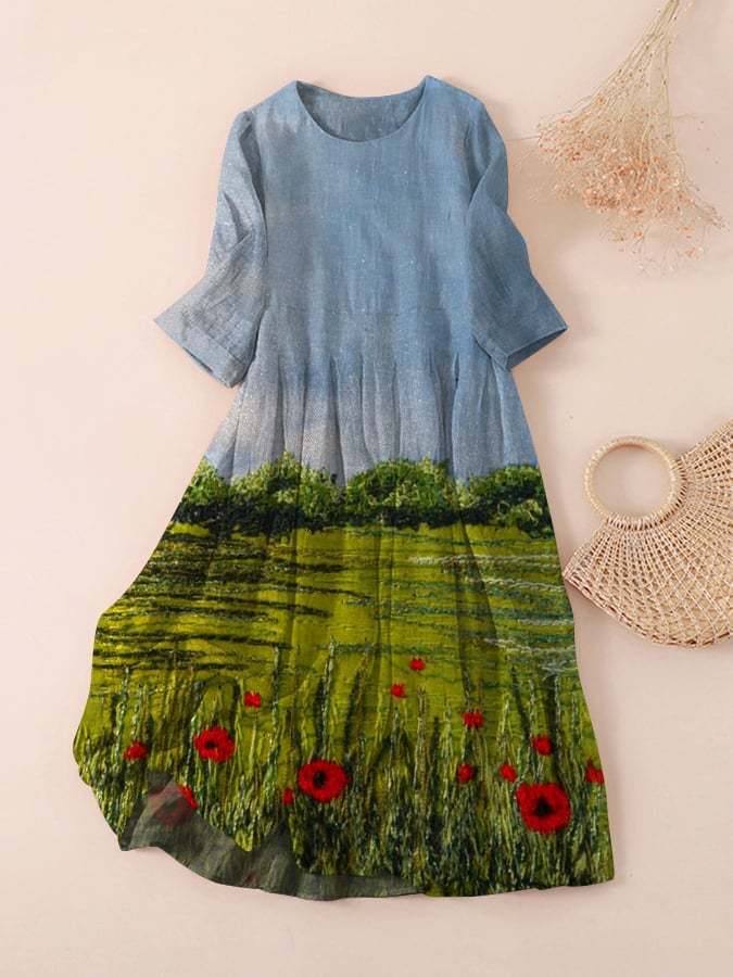 Women's Vintage Floral Embroidery Design Printed Dress