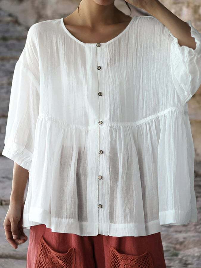 Fashion Cotton Linen Loose Short-Sleeved Shirt