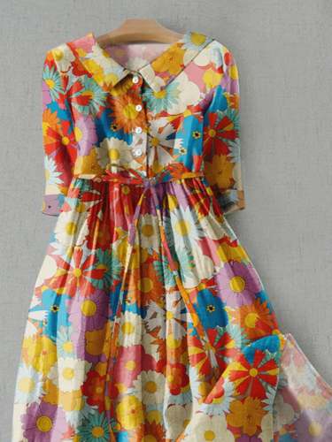 Literary Casual Floral Print Tie Loose Dress