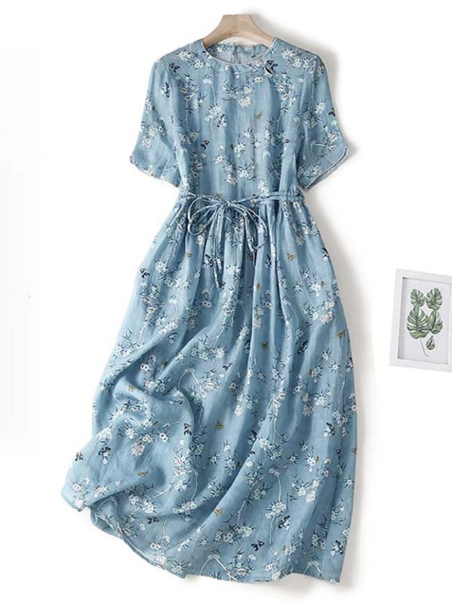 Floral Short Sleeved Waistband Cotton Linen Dress