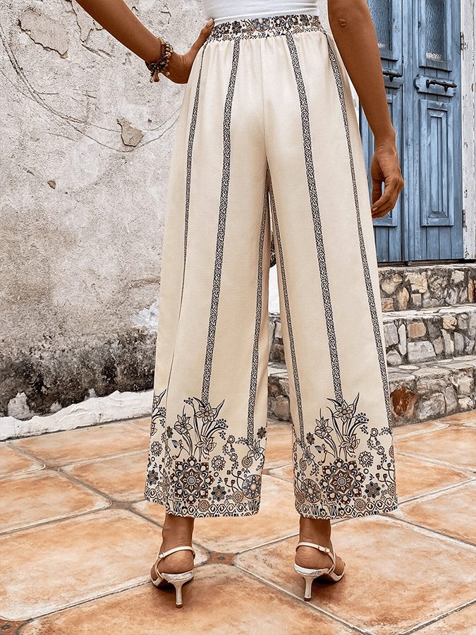 Linen Floral Print Resort Loose-Leg Pants