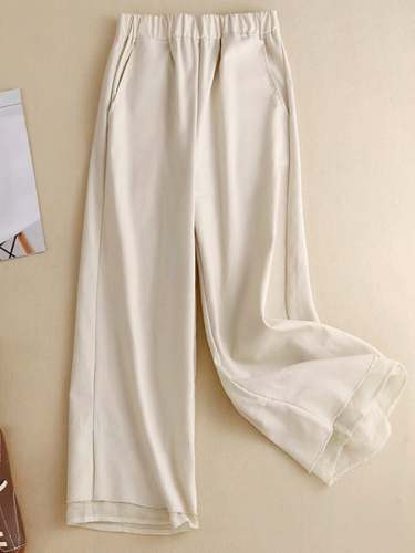 Casual Cotton Retro Color Matching Solid Straight Cropped Pants
