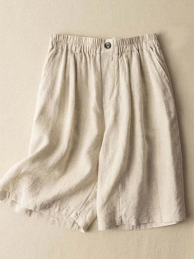 Loose Casual Cotton Linen Button Wide Leg Quarter Shorts