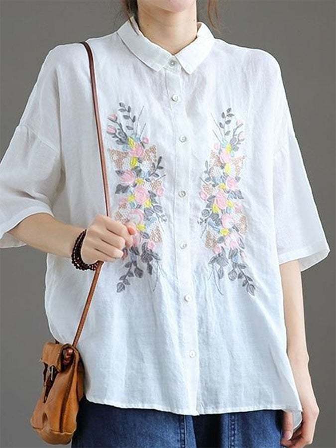 Cotton And Linen Art Retro Embroidered Top